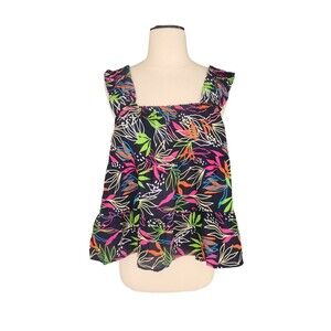 THML Floral Beachy Boho Tiered Tank Top Women's Medium Navy Blue Neon Wide Strap